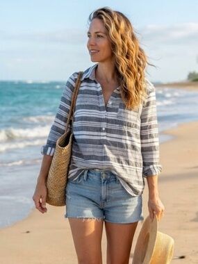 Merona Grey White Striped Lightweight 100% Cotton Long Sleeve Button-Down Shirt